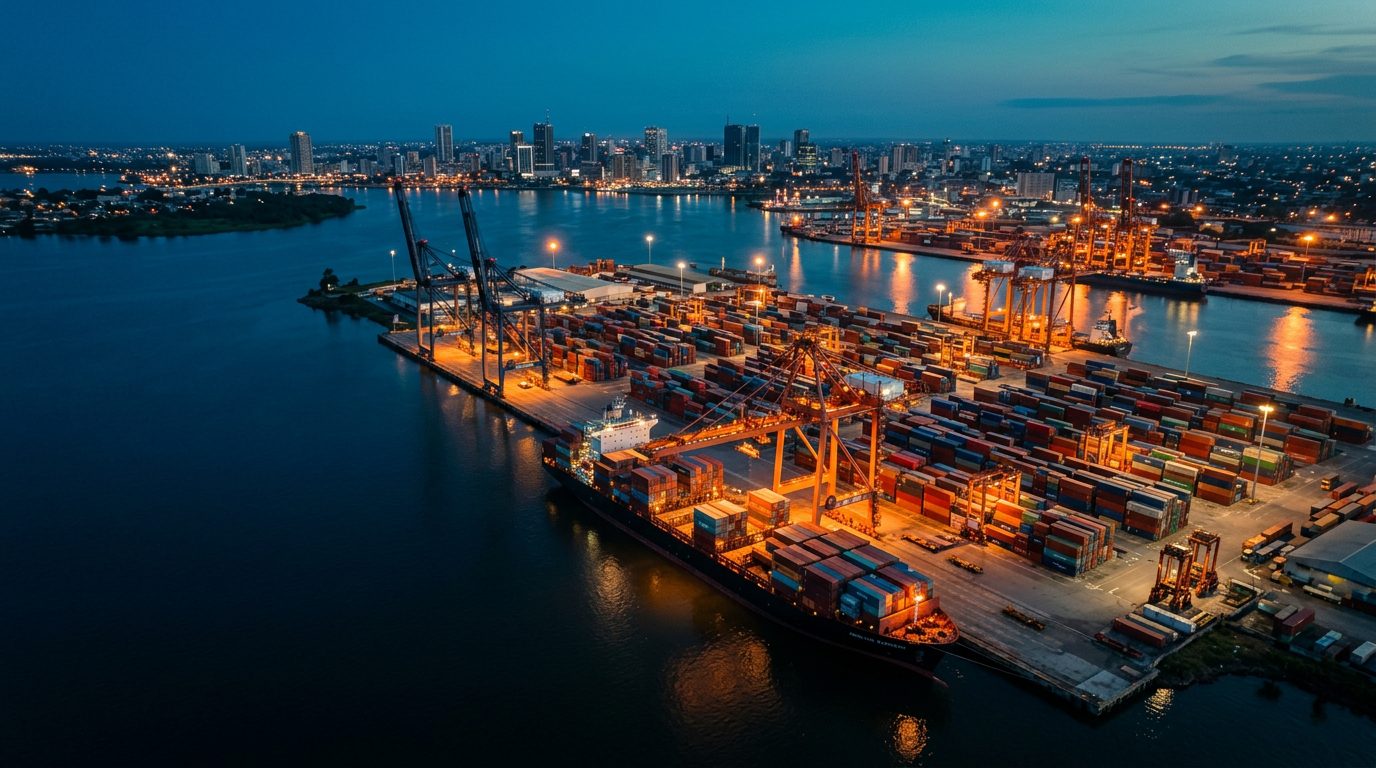 Port à conteneurs au crépuscule