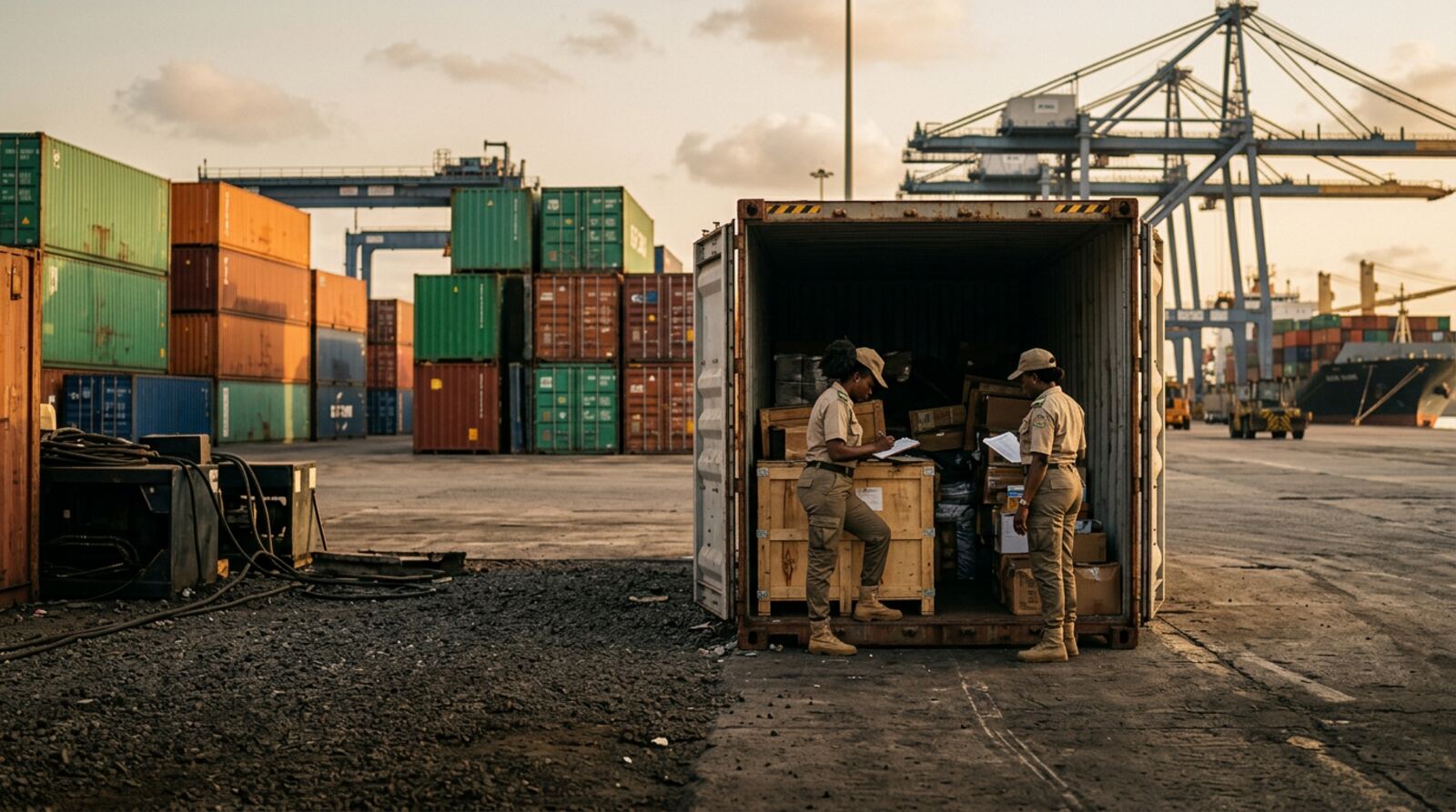 Agents des douanes inspectant un conteneur au port d'Abidjan