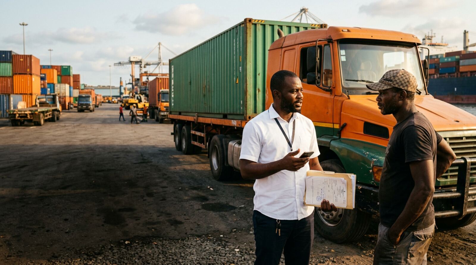 Transitaire (commissionnaire en douane agréé, en civil) avec son client transporteur près d'un camion porte-conteneur
